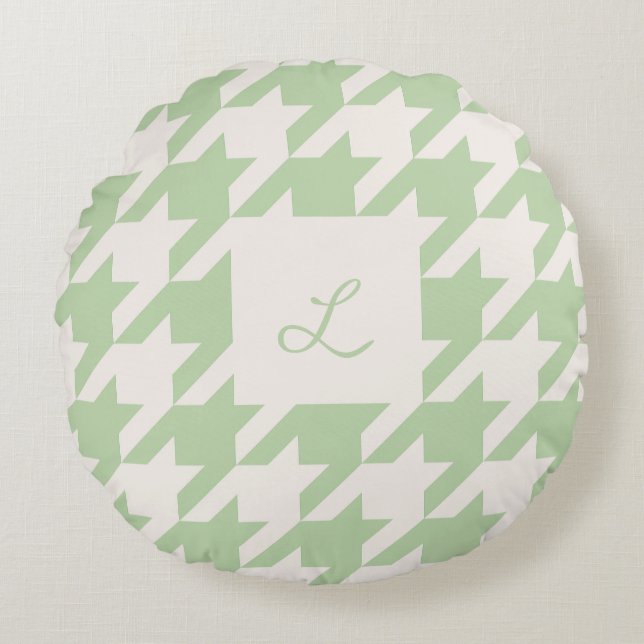 Mint Cream Houndstooth Monogrammed Sierkussen Rond Kussen (Voorkant)