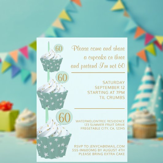 Mint Cupcake 60th Birthday Party Invitation Kaart