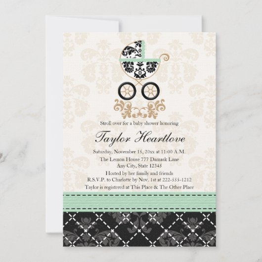 MINT DAMASK BABY CARRIAGE BABY SHOWER KAART (Voorkant)
