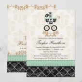 MINT DAMASK BABY CARRIAGE BABY SHOWER KAART (Voorkant / Achterkant)