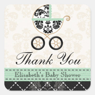 MINT DAMASK BABY CARRIAGE DANK U VIERKANTE STICKER