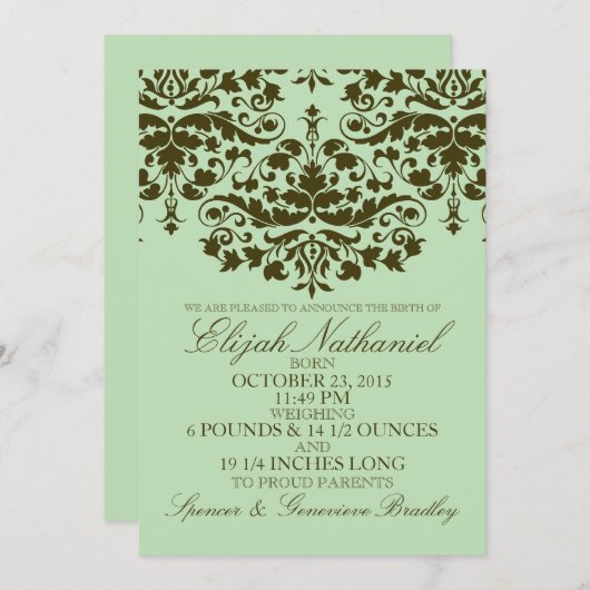 Mint Damask Formele Inleiding Geboorteaankondiging Aankondiging (Voorkant / Achterkant)
