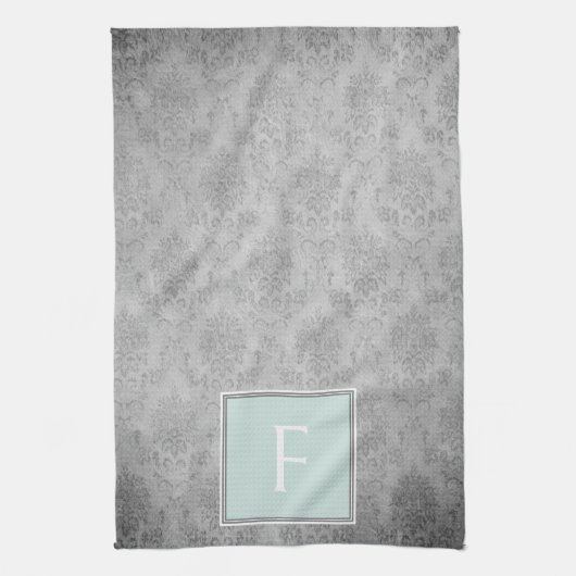 Mint  Damask Monogram Handdoek (Verticaal)