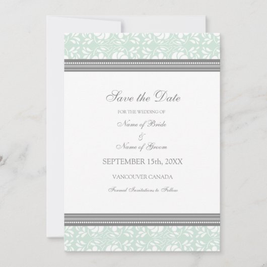 Mint Damask Photo Wedding Enregistrer la carte Dat (Devant)