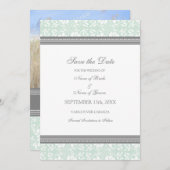 Mint Damask Photo Wedding Enregistrer la carte Dat (Devant / Derrière)