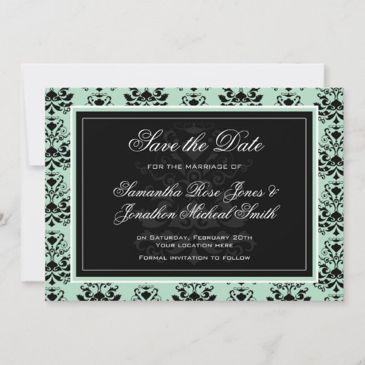 Mint en Black Damask Wedding Save the Date (Voorkant)