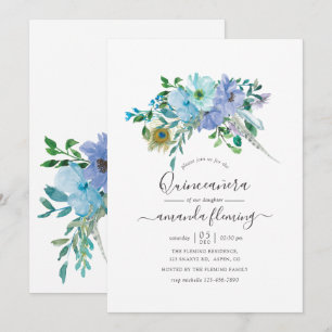Mint en Blauwe Waterverf Boho Floral Quinceañera Kaart