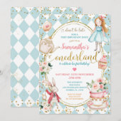 Mint en Blue Alice Tea Party First Birthday Kaart (Voorkant / Achterkant)