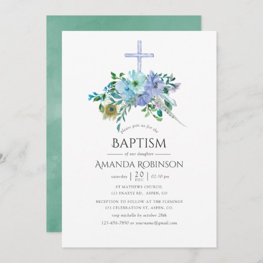 Mint en Blue Boho Baptism of Christening Kaart (Voorkant / Achterkant)