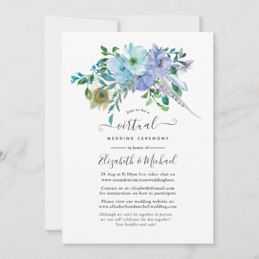 Mint en Blue Boho Floral Online Virtual Wedding Kaart (Voorkant)