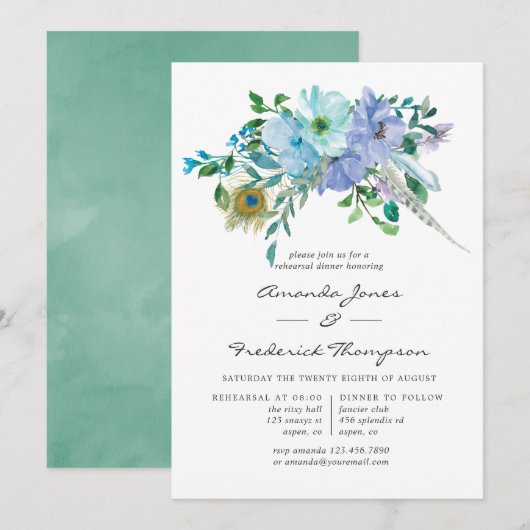 Mint en Blue Boho Floral Rehearsal Dinner Kaart (Voorkant / Achterkant)