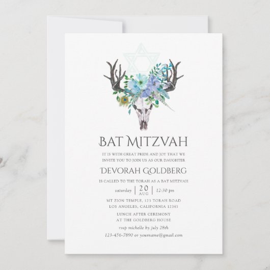 Mint en Blue Waterverf Boho Floral Bat Mitzvah Kaart (Voorkant)