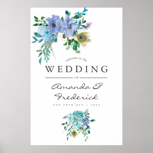Mint en Blue Waterverf Floral Wedding Welcome Poster (Voorkant)