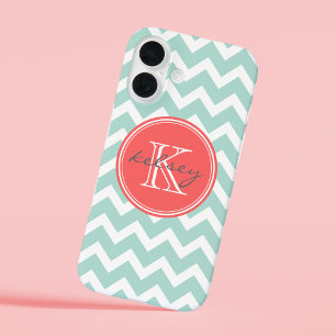 Mint en Coral Chevron Custom Monogram iPhone 16 Hoesje