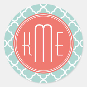 Mint en Coral Quatrefoil met aangepast Monogram Ronde Sticker