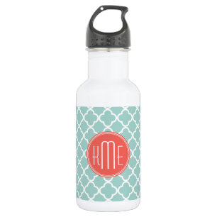 Mint en Coral Quatrefoil met aangepast Monogram Waterfles