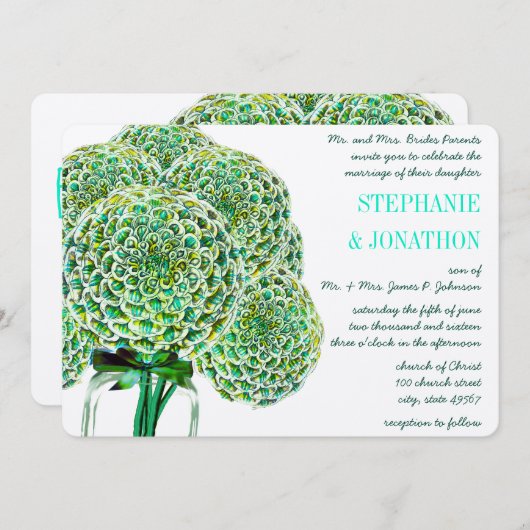 Mint en Emerald Zinnia Mason Jar Wedding Invites Kaart (Voorkant / Achterkant)