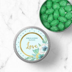 Mint en Faux Gold, Waterverf Floral Wedding Love Ronde Sticker