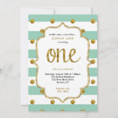 Mint en Gold First Birthday Glitter Invitation Kaart (Voorkant)