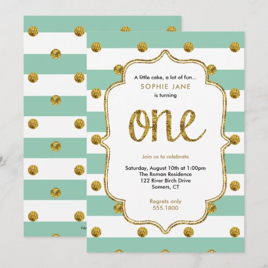 Mint en Gold First Birthday Glitter Invitation Kaart (Voorkant / Achterkant)