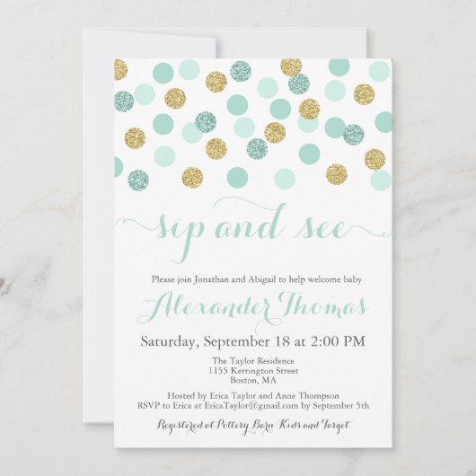 Mint en Gold Glitter Sip en Bekijk uitnodigingen (Voorkant)
