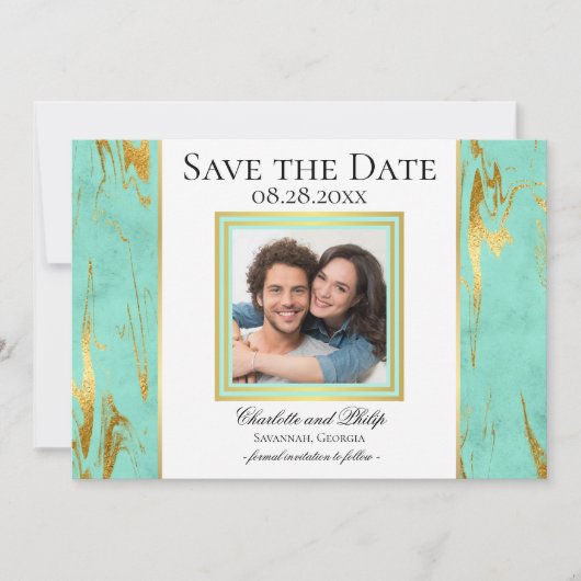 Mint en Gold Marble Photo Save the Date (Voorkant)