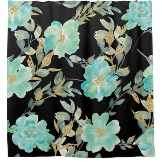 Mint en gouden bloemen op zwart douchegordijn (Voorkant)
