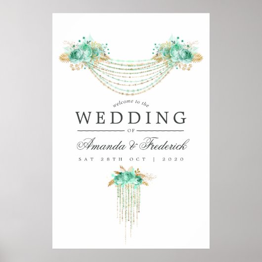 Mint en gouden String Lights Bloemen bruiloft Welk Poster (Voorkant)