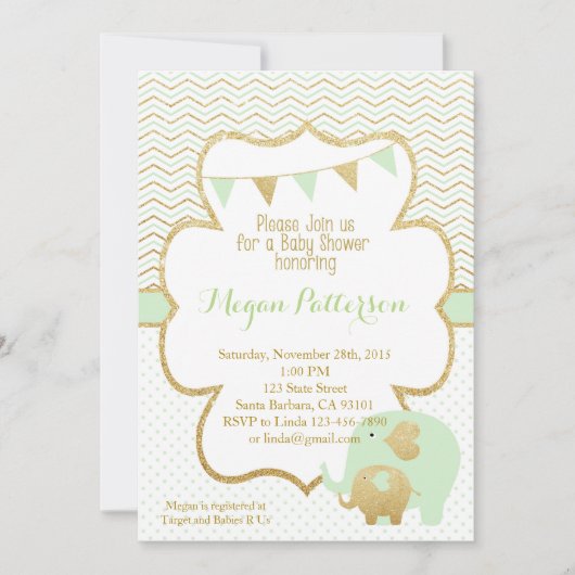 Mint en goudolifant Baby shower Kaart (Voorkant)