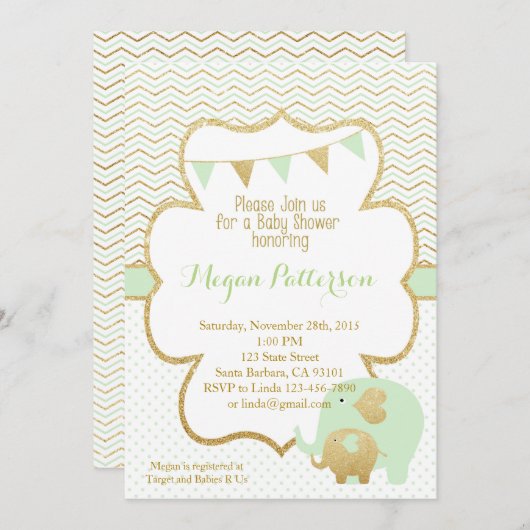 Mint en goudolifant Baby shower Kaart (Voorkant / Achterkant)