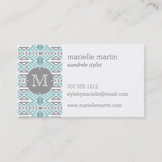 Mint en grijs Geometrische tribaal monogram Visitekaartje (Voorkant)