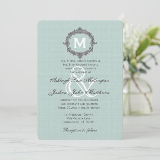 Mint en grijs Lijst Monogram Wedding A03 Kaart (Staand voorkant)