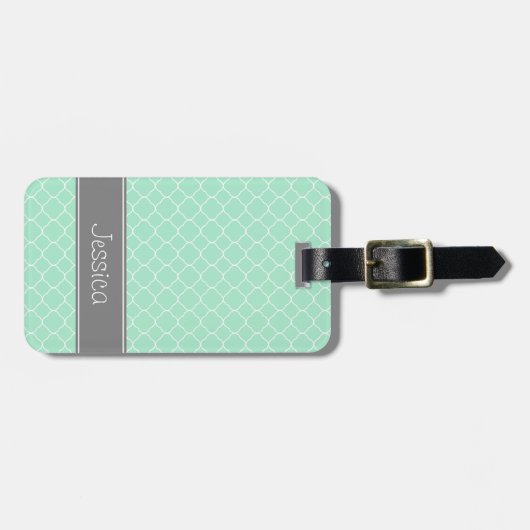 Mint en grijs Quatrefoil Patroon op maat Bagagelabel (Voorkant horizontaal)