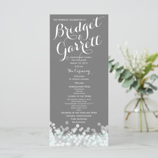 Mint en Grijs Twinkle Lights Wedding Program Programma (Staand voorkant)