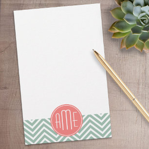Mint en koraal Chevrons Aangepast monogram Briefpapier