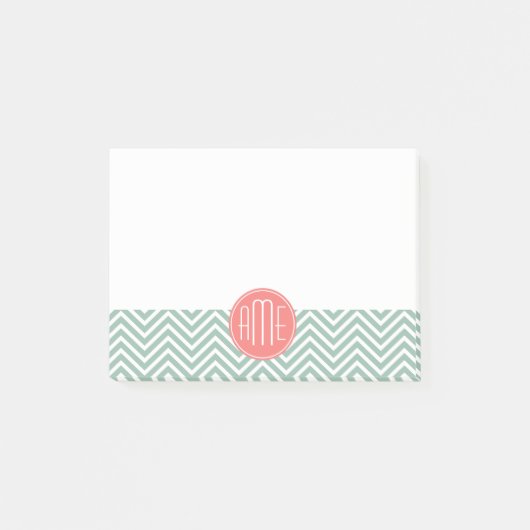 Mint en koraal Chevrons Aangepast monogram Post-it® Notes (Voorkant)
