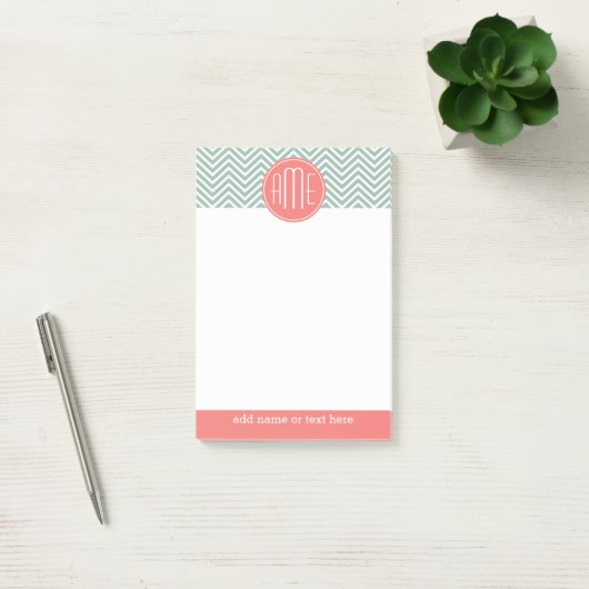 Mint en koraal Chevrons Aangepast monogram Post-it® Notes (Kantoor)