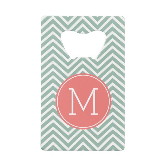 Mint en koraal Chevrons met aangepast monogram Kredietkaart Flessenopener (Voorkant)