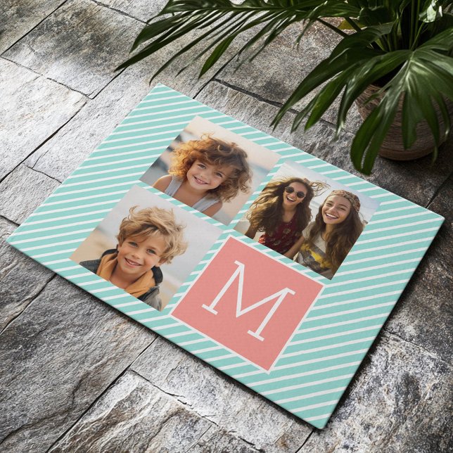 Mint en koraal fotocollage met aangepast monogram deurmat (Custom Welcome Mat)
