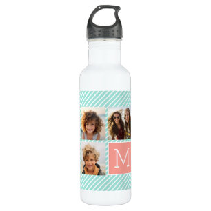 Mint en koraal fotocollage met aangepast monogram waterfles 