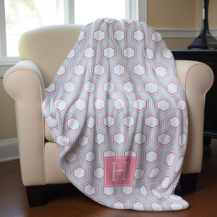 Mint en koraal Honeycomb Pattern Monogrammed Fleece Deken