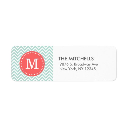 Mint en koraal Modern Chevron Custom Monogram Etiket (Voorkant)