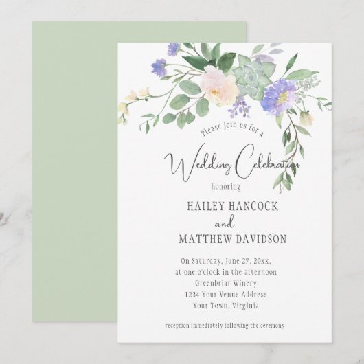 Mint en lavender Florals en Succulents Wedding Kaart (Voorkant / Achterkant)