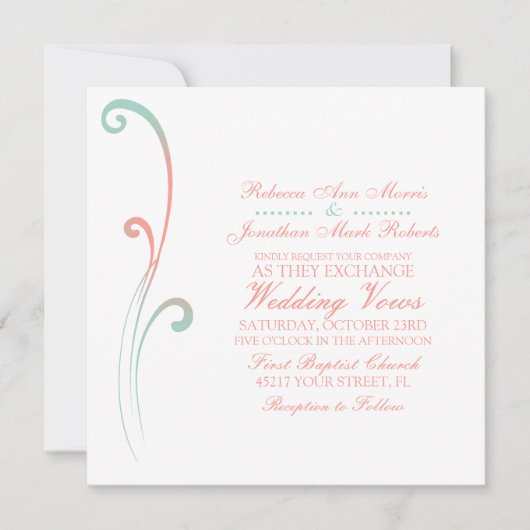 Mint en Peach Faded Vlourish Wedding Invitation Kaart (Voorkant)