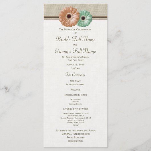 Mint en Peach Gerbera Daisy Wedding Program Programma (Voorkant)