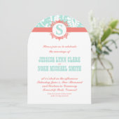 Mint en Peach Monogram Damask Wedding Invitations Kaart (Staand voorkant)