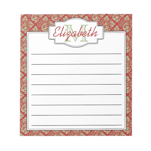 Mint- en Rode Monogram - Boom van het Levenspatroo Notitieblok (Voorkant)