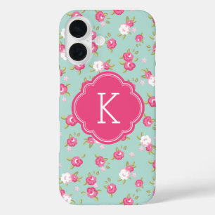 Mint en Roze Floral Print Monogram iPhone 16 Hoesje