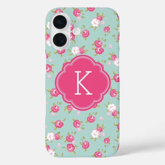 Mint en Roze Floral Print Monogram Case-Mate iPhone Case (Achterkant)