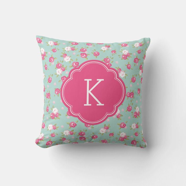 Mint en Roze  Floral Print Monogram Kussen (Voorkant)